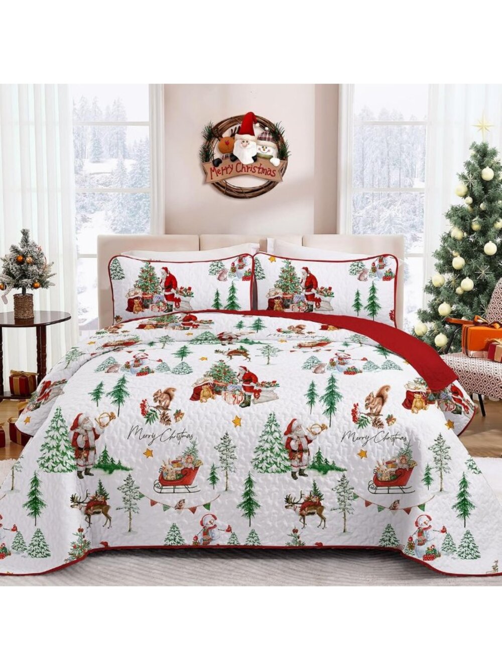 Festive Christmas Quilt Set Queen Size - Santa Sleigh & Snowman Holiday Bedding